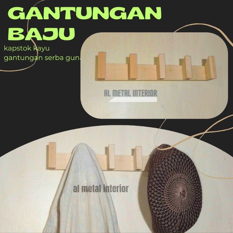 Gantungan baju / kapstok kayu / gantungan tempel dinding