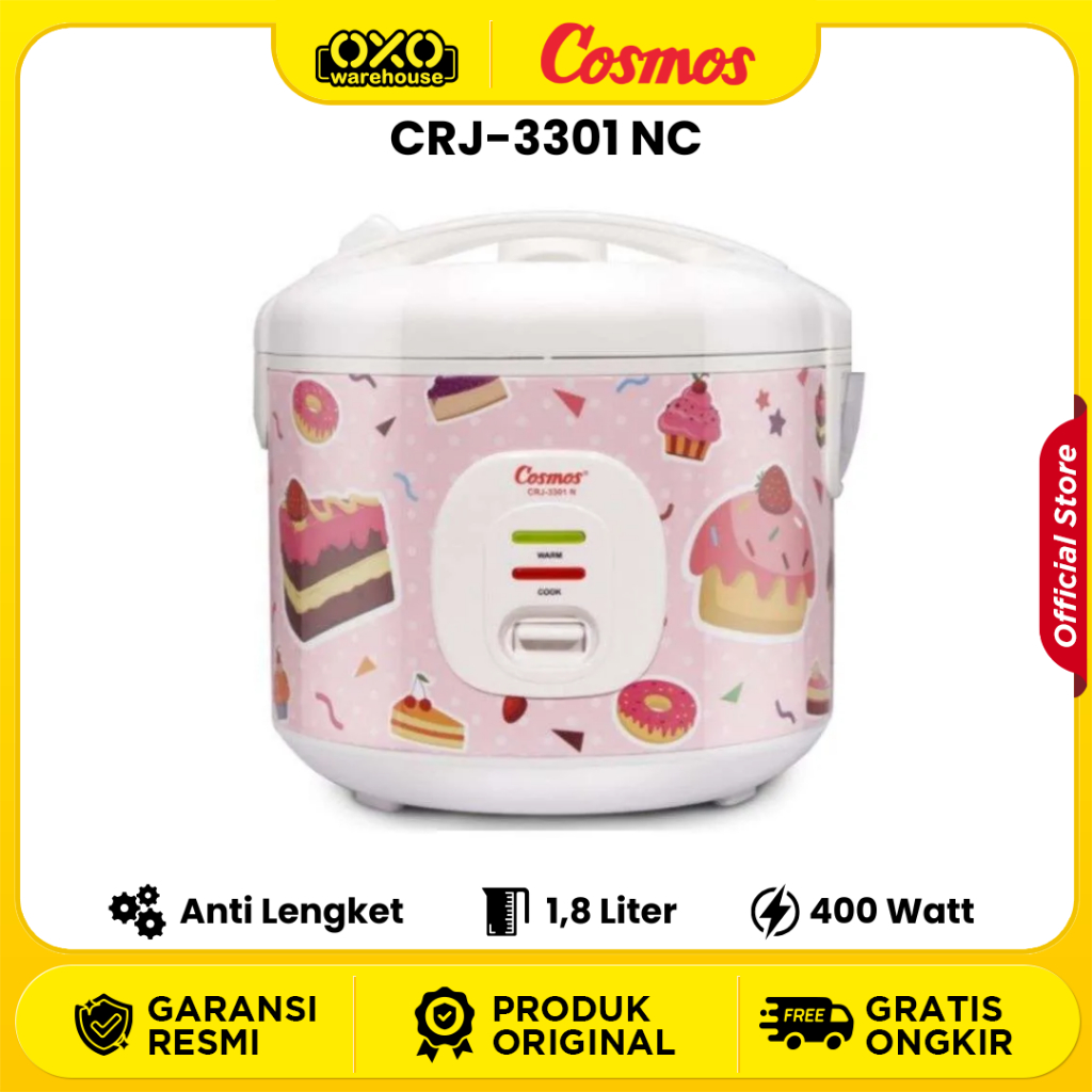 COSMOS Rice Cooker CRJ 3301 NC 1,8 Liter Pink Cake Desain Magicom Anti Lengket Garansi Resmi