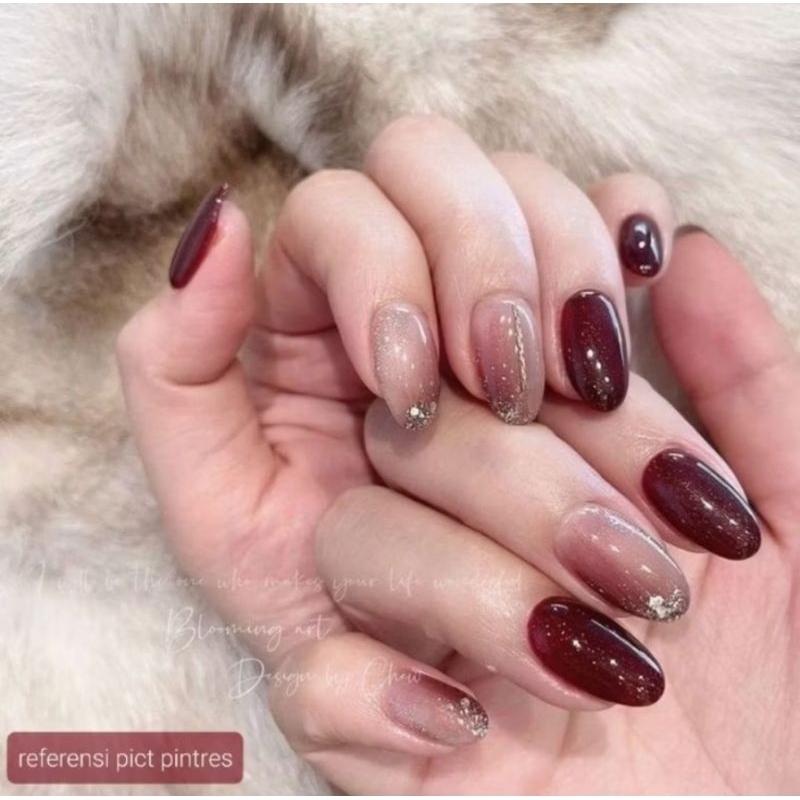 Premium maroon oval panjang pendek Press On Nail by Pink Shine bisa custom size request ukuran  / ku
