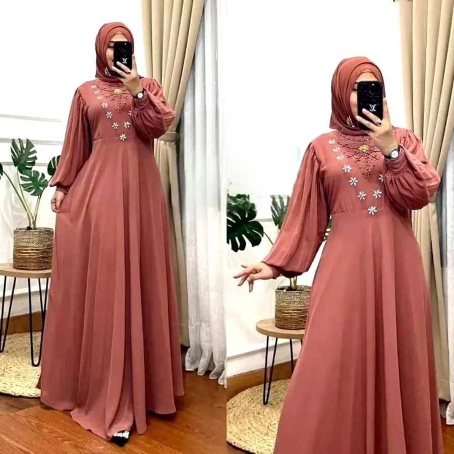 Baju Gamis Wanita Terbaru Sakura Dress BP Bahan Ceruty babydoll Aplikasi Payet Mutiara Size  M L XL 