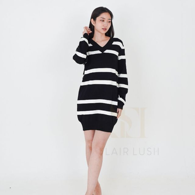 MICAELA | Atasan Knit  / Oversize V-Neck / Dress Pendek Salur / Sweater Rajut