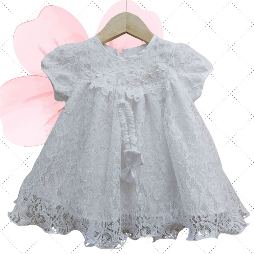 Dress Bayi Perempuan 3-9 Bulan Brokat Putih Elegan Pita Bunga Lucu Goldenkidshop