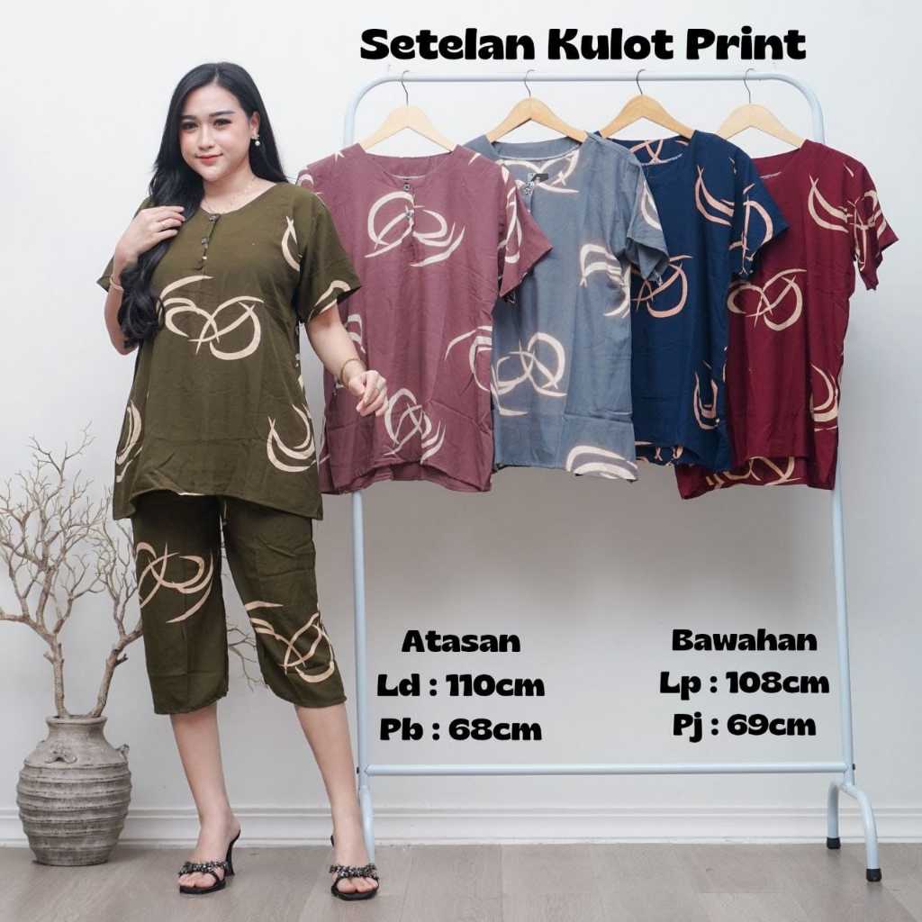 1 Set Kaos Wanita Kulot Print Terbaru Setelan Kulot Print Bahan Matt Rayon