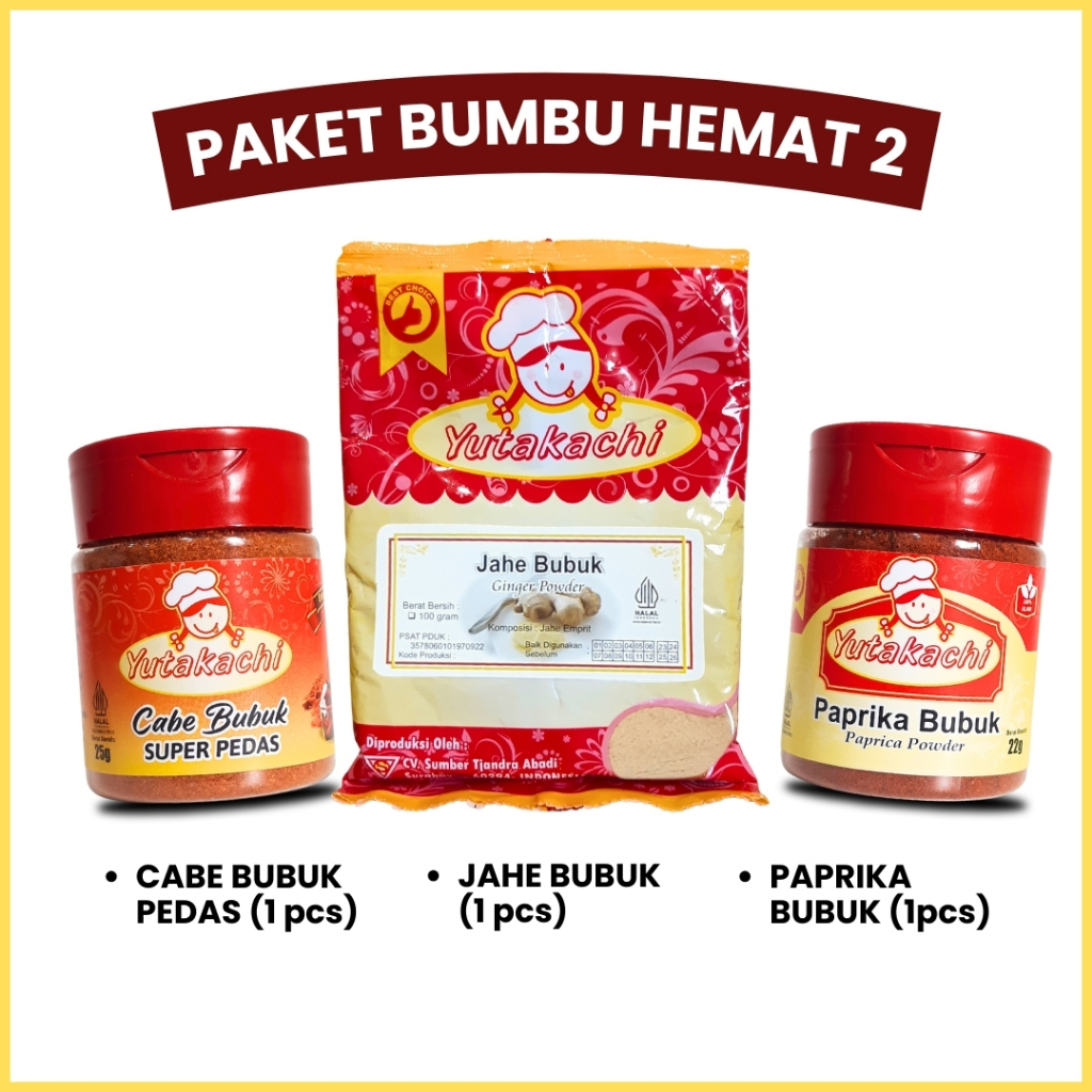 

Paket Bumbu Rempah Yutakachi 3Item (Cabe Bubuk Pedas 1Botol - Jahe Bubuk 100gr - Paprika Bubuk 1Botol)