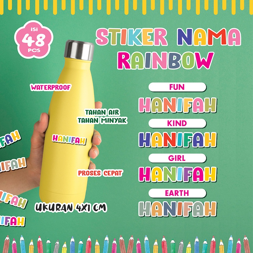 

(48PCS) STIKER NAMA RAINBOW WATERPROOF CUTTING SESUAI NAMA / Stiker Tumbler Hampers Ulang Tahun