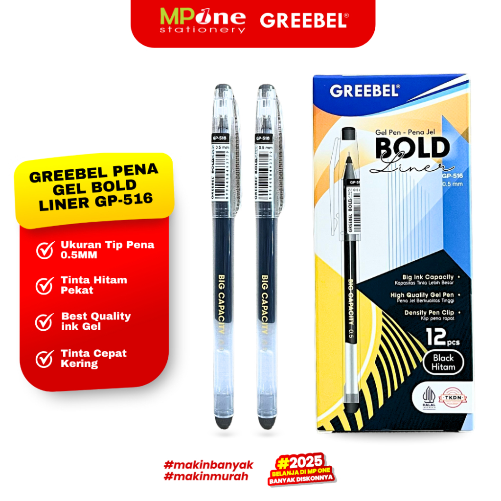 (1 KOTAK) Greebel Pena Gel Bold Liner Hitam 05mm GP-516 / Pena Gel Ink Greebel (12PCS/KTK)