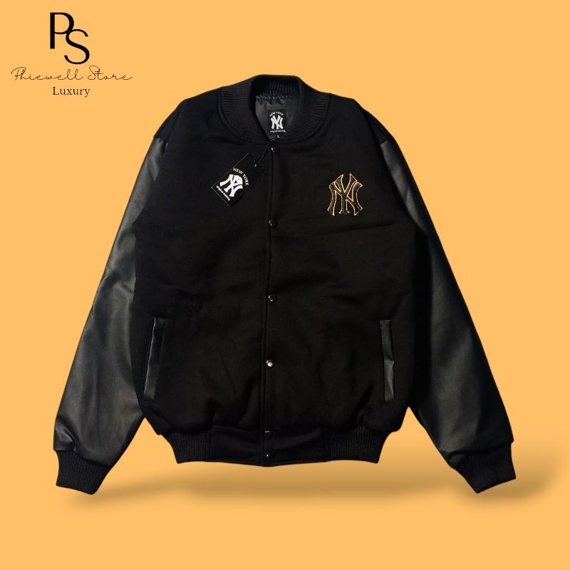 Varsity Jacket New Era MLB NY Yankees Black Gold Patch Embroidered Bordir Fulltag Premium Hypebeast 