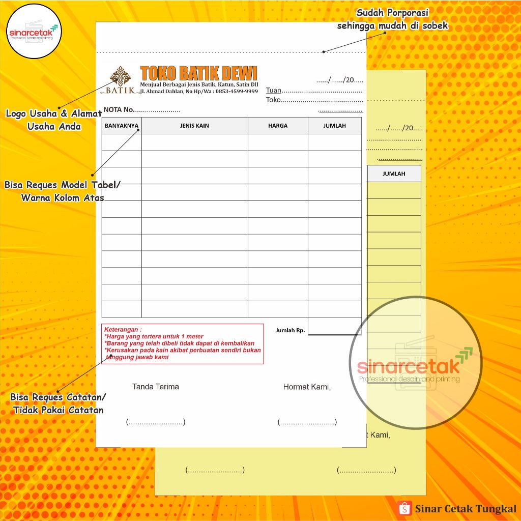 

BEBAS REQUES NOTA CUSTOM 1 PLY 2 PLY UKURAN STANDAR 1/4 FOLIO 10X16,5 CM NOTA TOKO KAIN/NOTA BATIK
