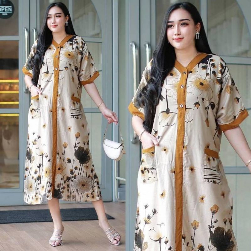 daster terbaru viral jumbo peri rayon panjang selutut lengan pendek resleting depan busui friendly b