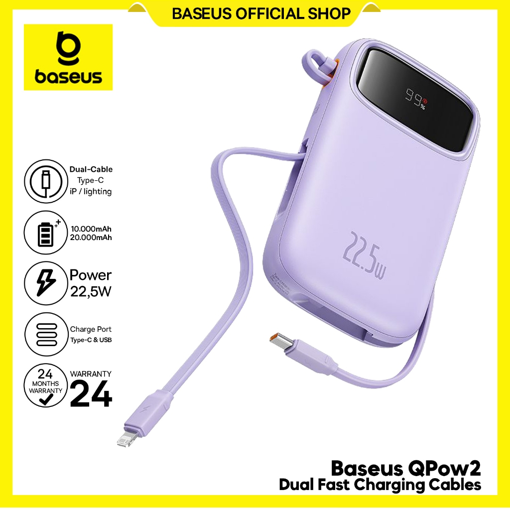 Baseus Qpow2 22.5W Fast Charging Power Bank Dual-Cable Type-C Lighting PD QC SFC 20000mah