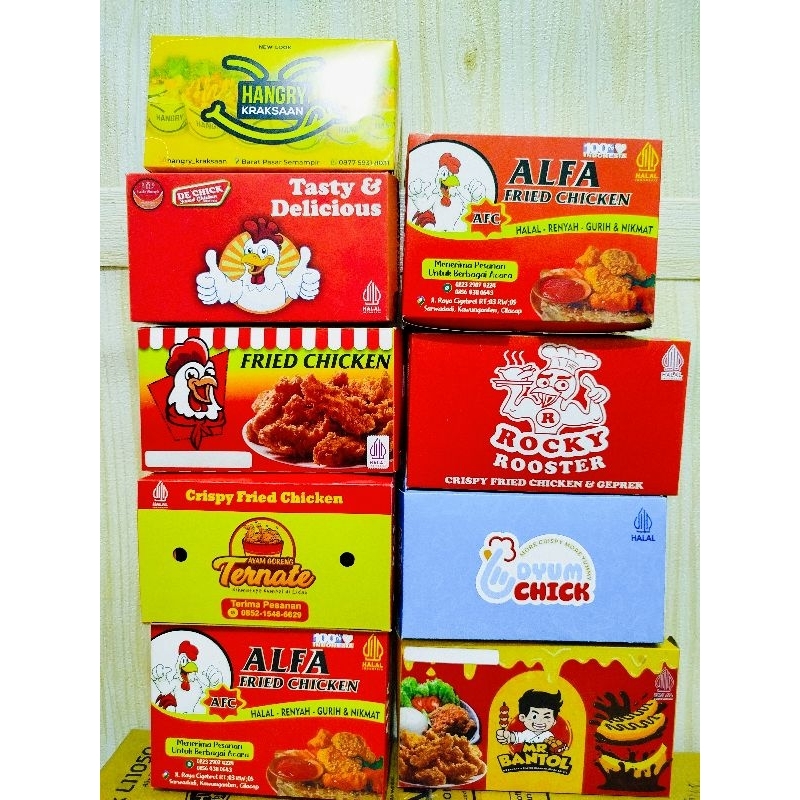 CUSTOM LOGO BRAND BOX FRIED CHICKEN 2.000 PCS Desain Gratis, Laminasi glossy box fried chicken ayam 