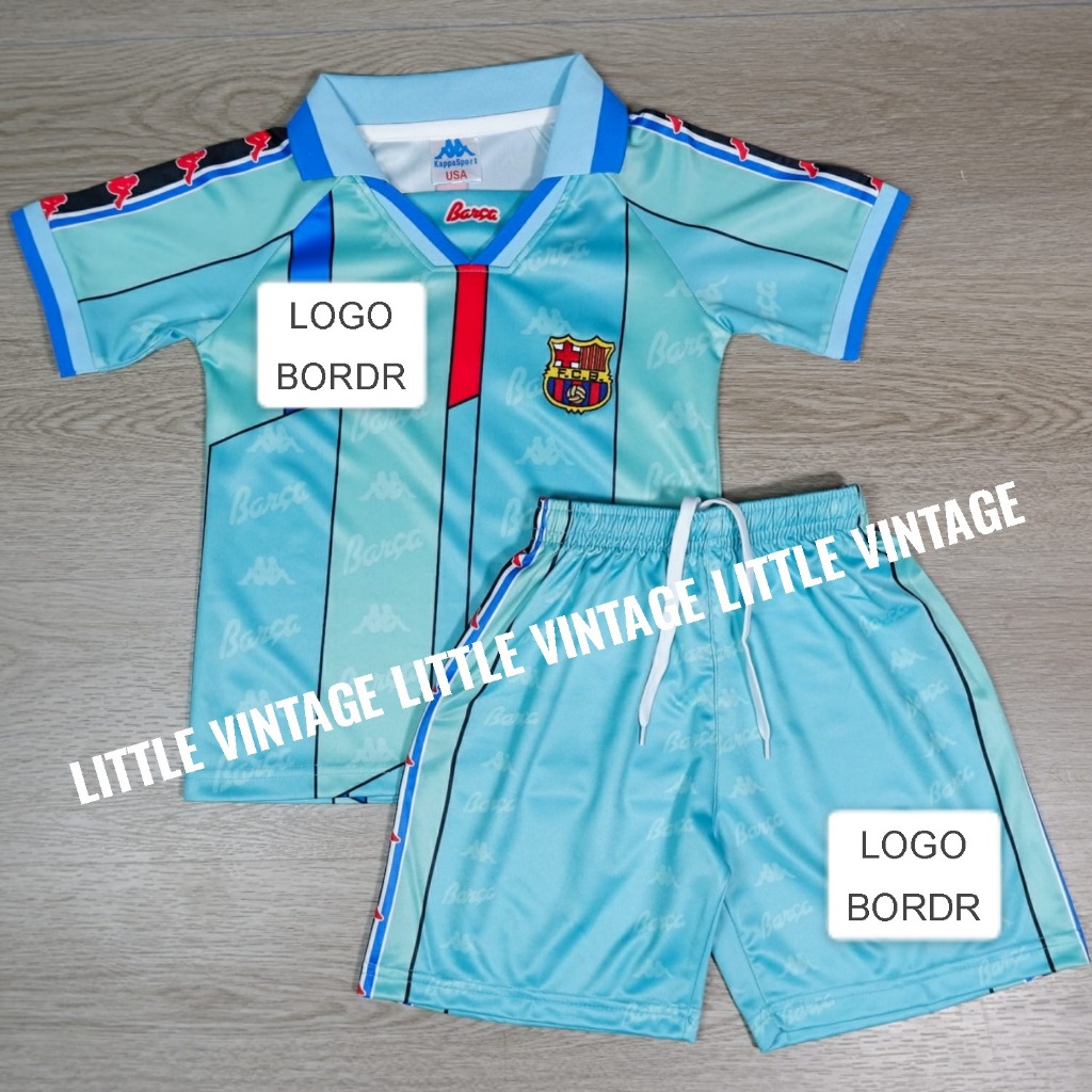 1 SET SETELAN JERSEY RETRO ANAK ANAK BARCA AWAY 1996 1998 - BAJU BOLA KIDS - CELANA BOLA ANAK ANAK