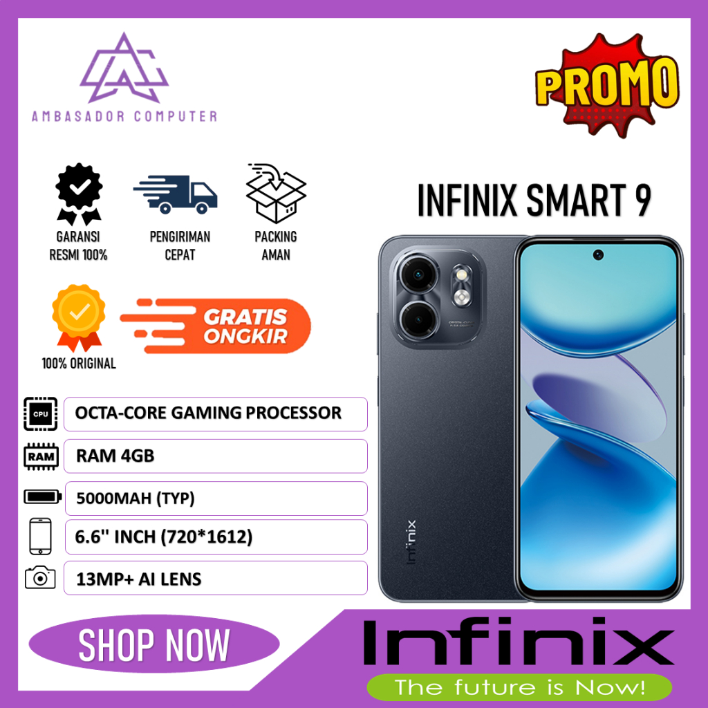 Infinix smart 9 octa-core gaming processor ram4gb storage128gb layar 6.6'' (720*1612)