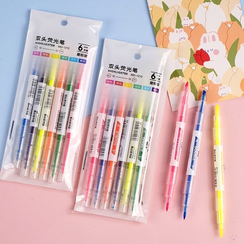 

1 Set Highlighter Dua Sisi Warna isi 6Pcs Pen 2 sisi Diary Marker Stationery Unik Penanda Buku WARNA