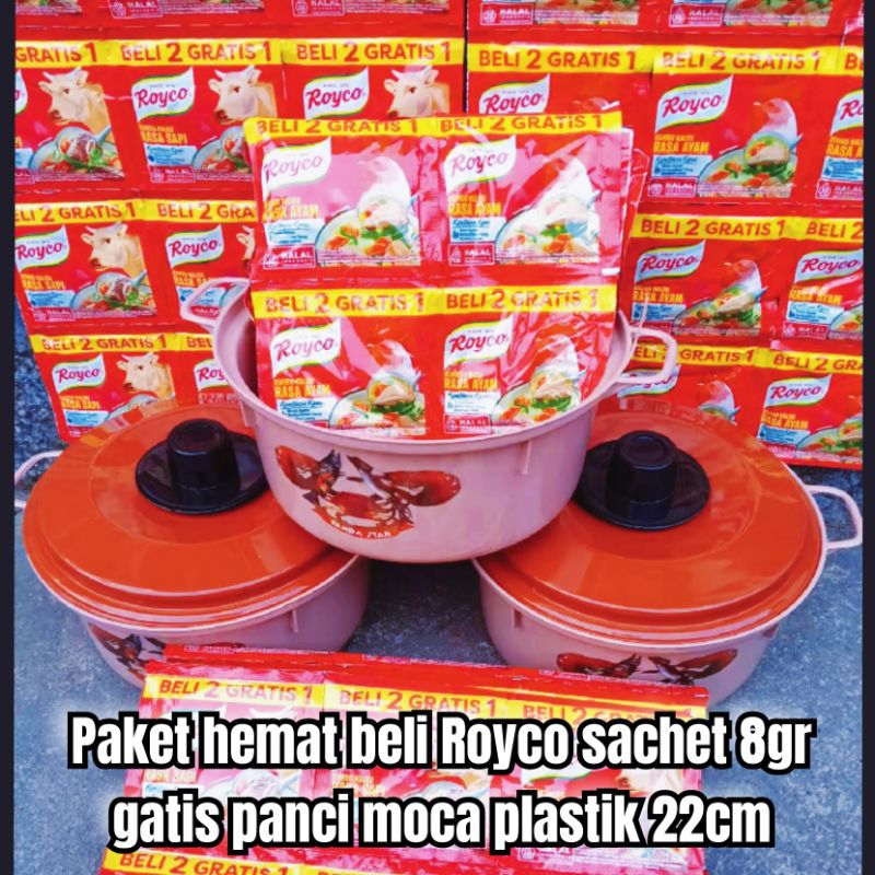 

promo hemat bumbu penyedap rasa 60 pcs Royco sachet 8 gr +1 panci plastik moca 22cm