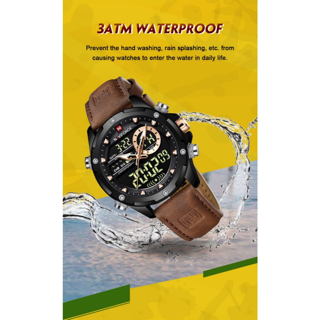 Naviforce jam tangan pria Dual Time tali kulit