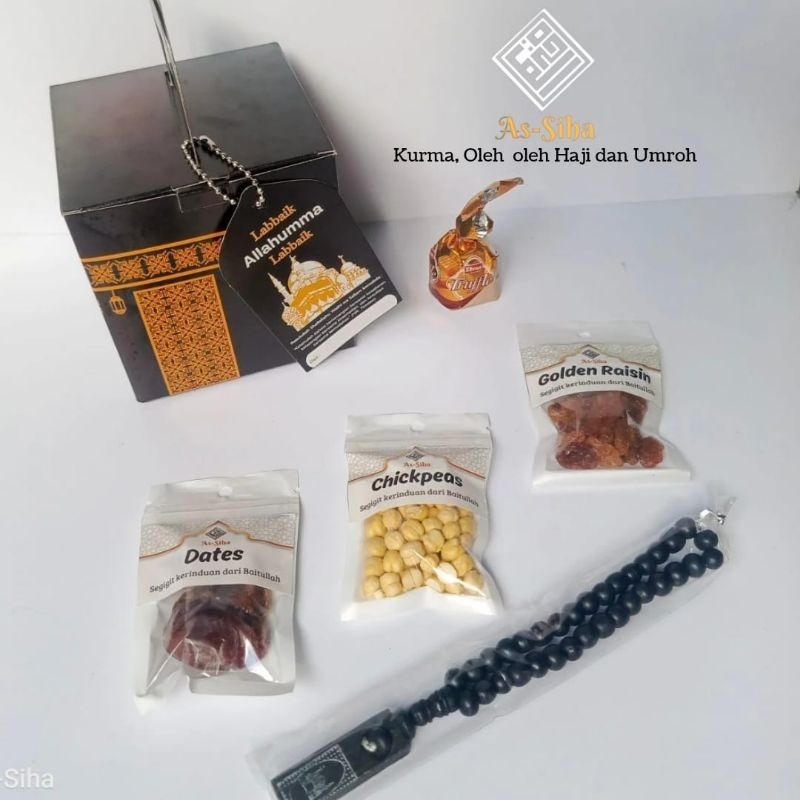 

oleh oleh haji dan umroh kurma kacang coklat Truffle golden raisin tasbih dus Ka'bah tas spunbond paket buraydah As-siha