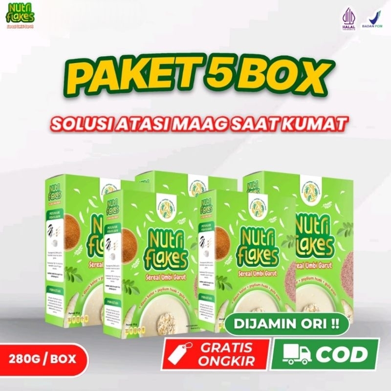 

Paket Lambung Sehat Nutriflakes 5 Box – Minuman Serbuk Umbi Garut Daun Kelor Diet