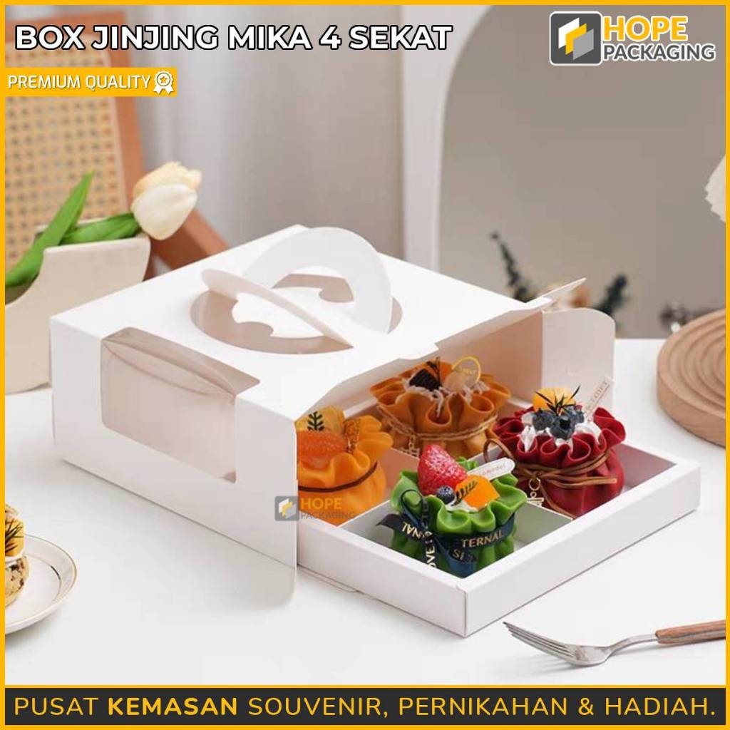 

Box Jinjing Mika 4 Sekat / Box Hampers For Mini Cake Isi 4 / Kotak Kue / Box Dus Kue Tart / Kotak Souvenir Premium