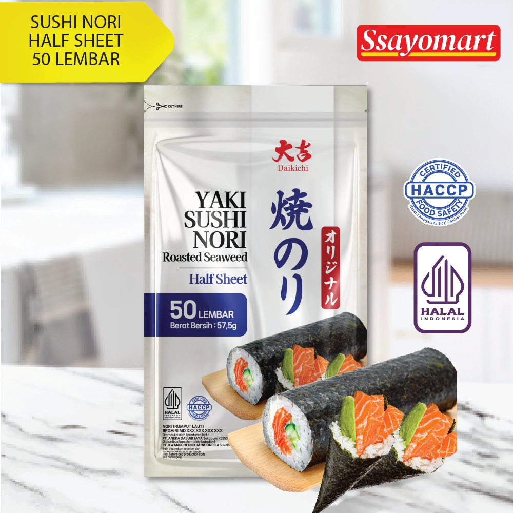 

(HALAL) DAIKICHI YAKI SUSHI NORI HALF SHEET ROASTED SEAWEED /RUMPUT LAUT PANGGANG (isi 50 & 100 lembar)