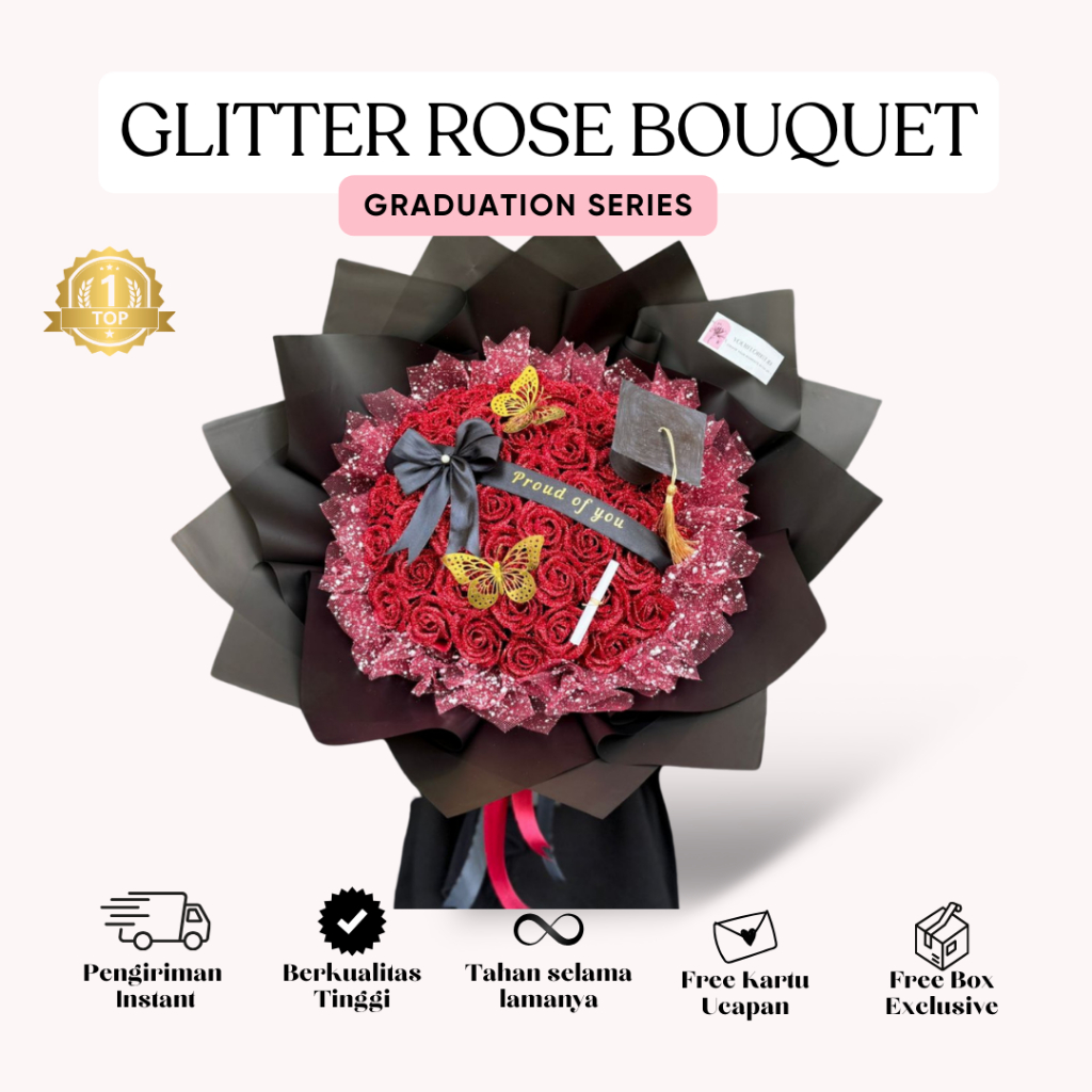 [GLITTER ROSE 50 KUNTUM] Buket Bunga Wisuda Graduation Kado Cewek Paket Lengkap Sempro Wisuda Istime