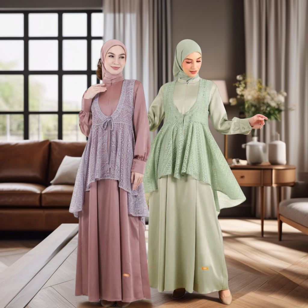 Baju Dress Wanita Gamis Pesta Kondangan Wanita NIBRAS LARAS / GAMIS PESTA SATEN KOMBINASI BROKAT