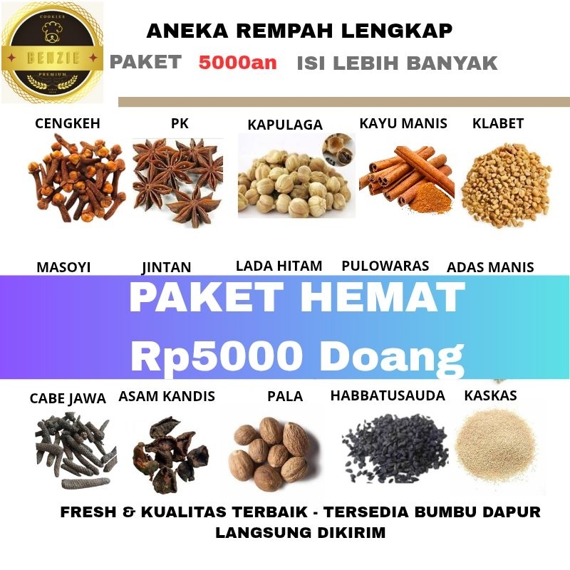 

Rempah Rempah Komplit Cabe Jawa Asam Kandis Kapulaga Jinten Kayu Manis Bunga Lawang Pekak Mesoyi Lada Hitam Cengkeh Kelabet Paket Ekonomis Serba Lima Ribuan