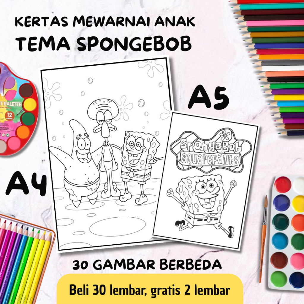 

30 Lembar Kertas Mewarnai Anak / Coloring / Sketsa A5 & A4 Tema Spongebob