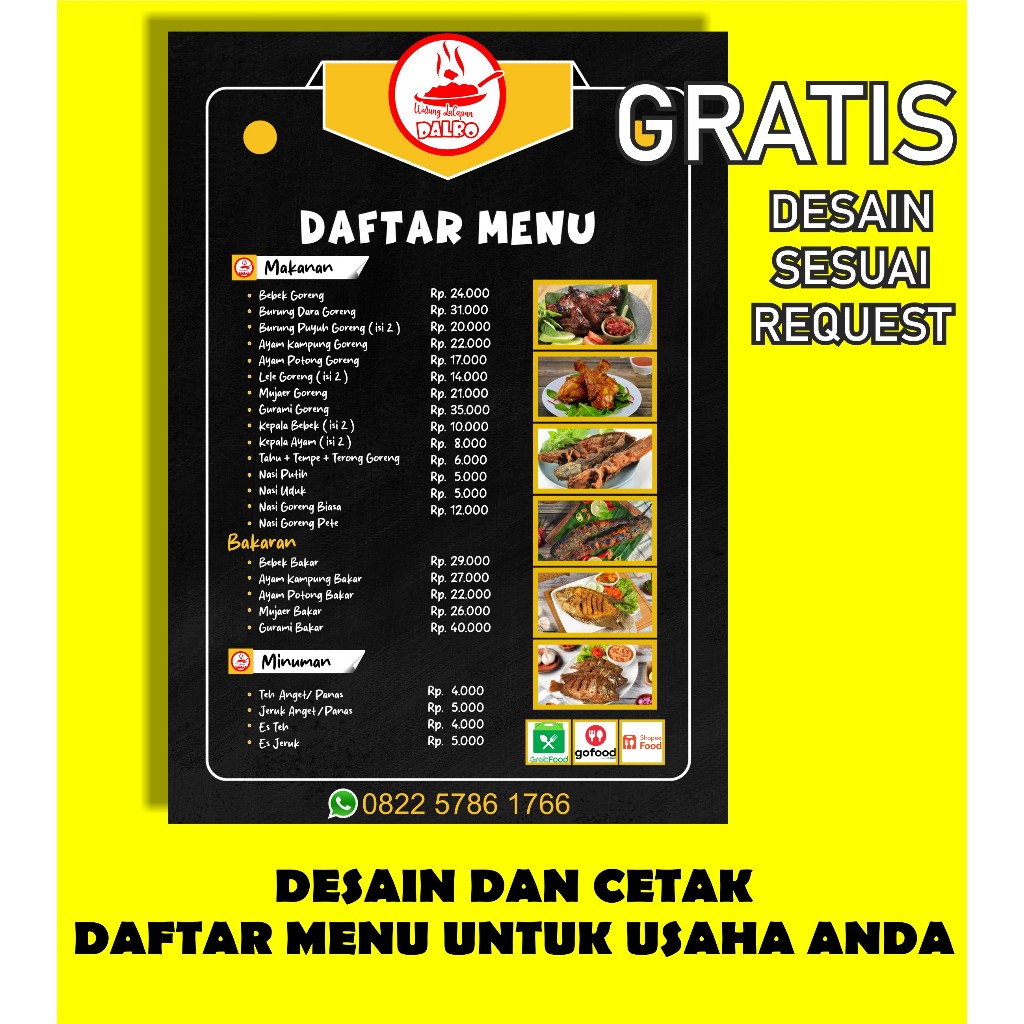 

Desain dan cetak daftar menu/harga untuk usaha