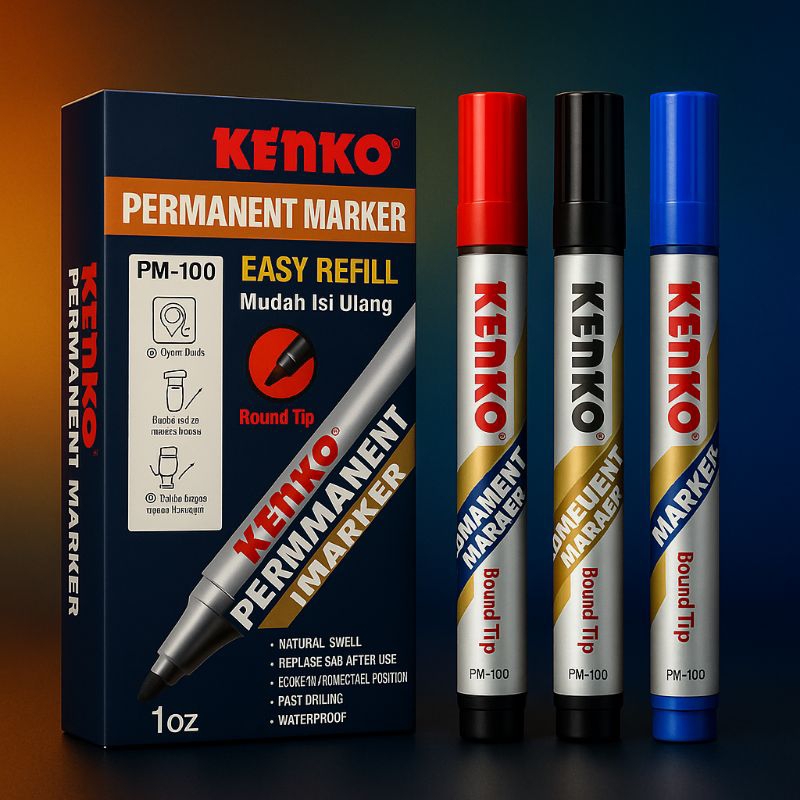 

KENKO Permanent Marker PM-100 | Spidol Permanen Isi Ulang Warna Merah Hitam Biru 1 Pcs - Tahan Air & Cepat Kering