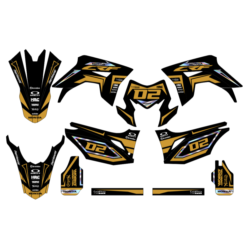 Decal stiker CRF 150L motif custum hitam kombinasi list gold dan hologram