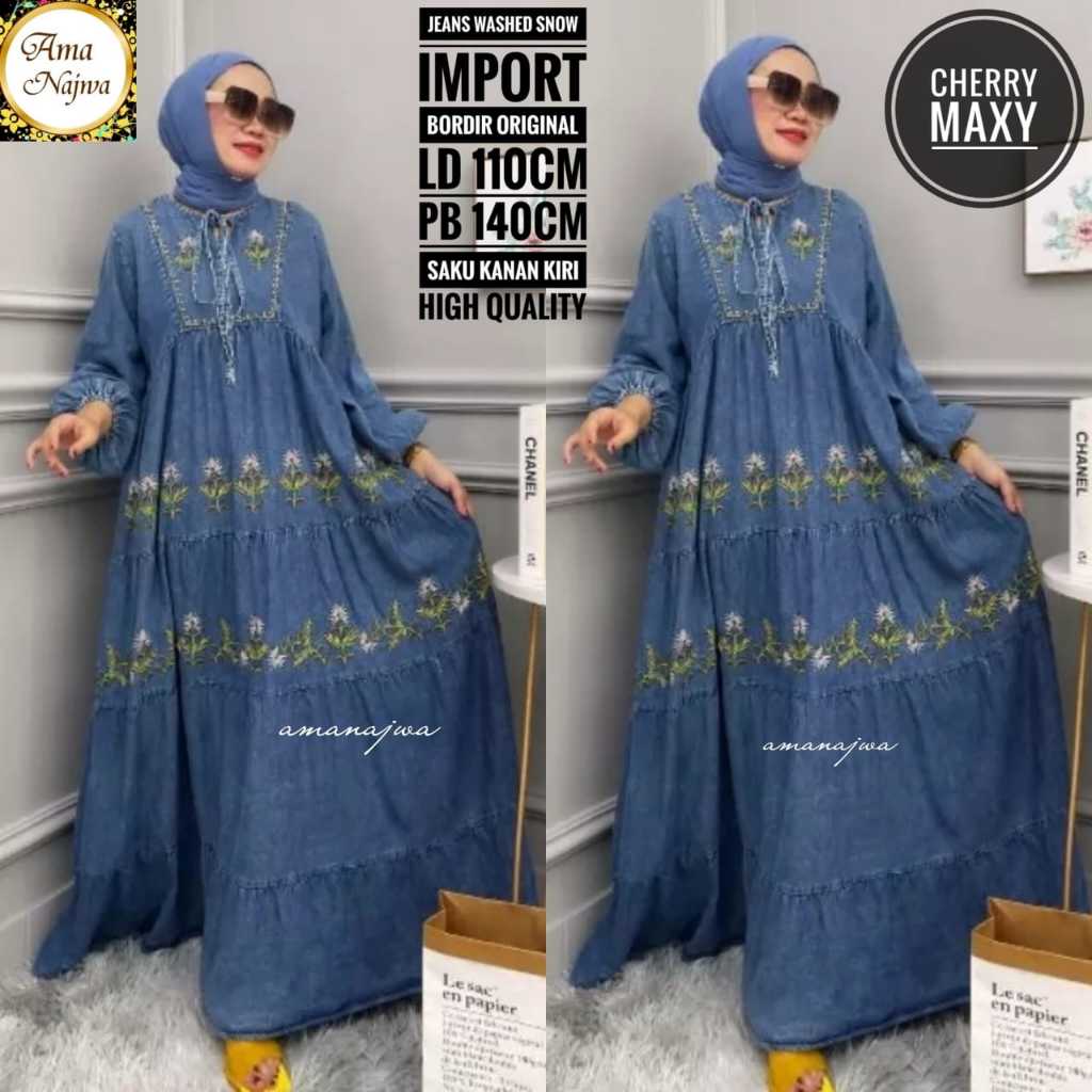 Cherry dress gamis baju wanita muslim jumbo ld 110 jeans wash polos border model baru terbaru 2025