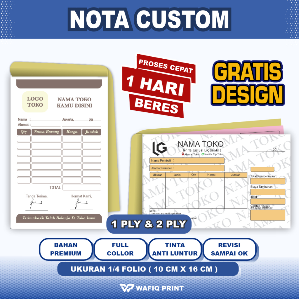 Cetak Nota Custom 1/4 2 ply gratis design full warna bahan premium buku nota kwitansi emas kosong