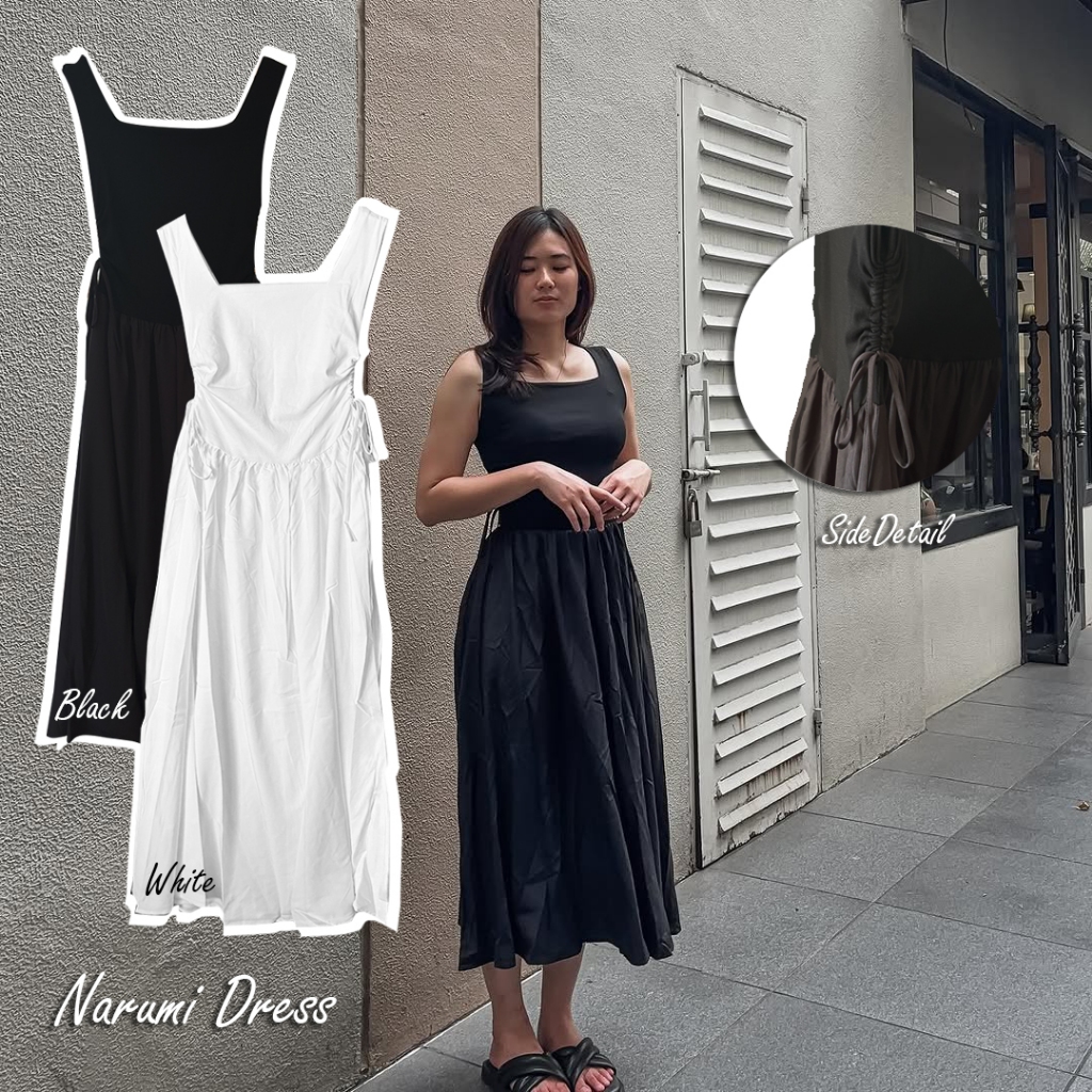 NUWA - Narumi Dress - Midi Dress - Sleeveless - Square Neck - Dress atasan kaos dan rok nylon