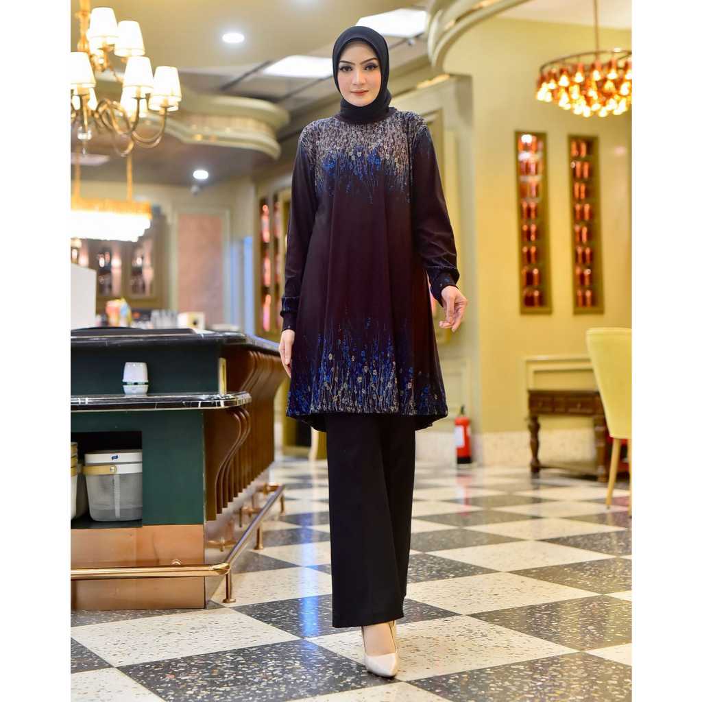 AQILA-TUNIK LOS Batik Wanita Lengan Panjang Motif BUNGA Bahan Denim/ Calvin Jeans -KODE SAKURA