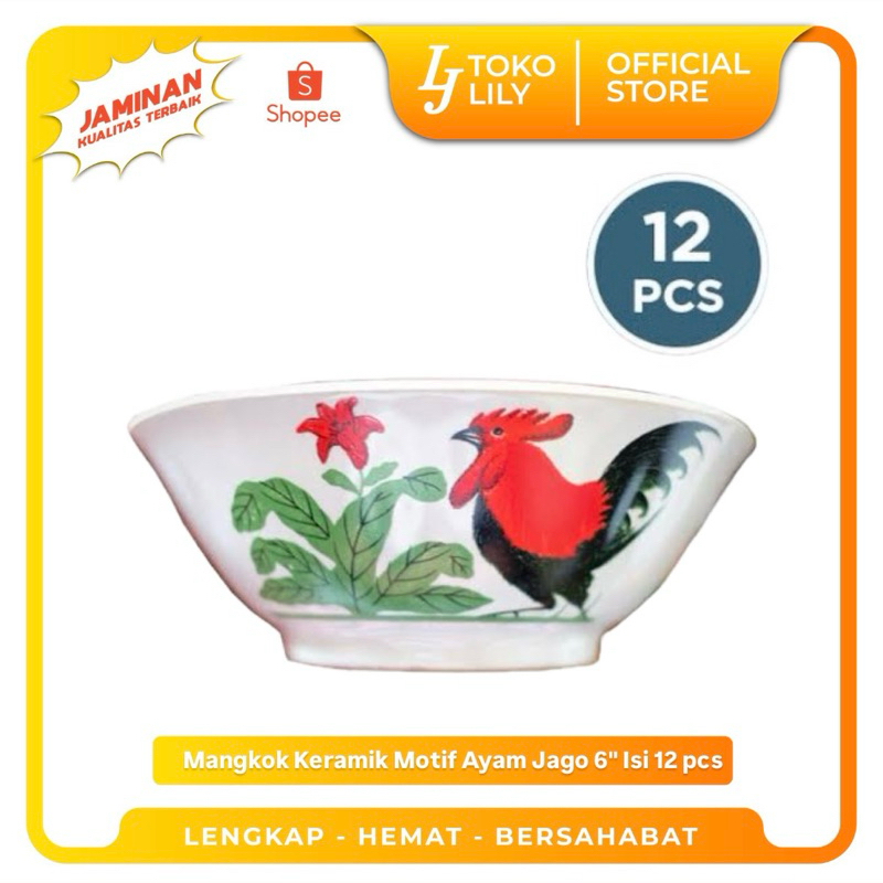 Mangkok Keramik Motif Ayam Jago 6 inch (Isi 12 pcs)