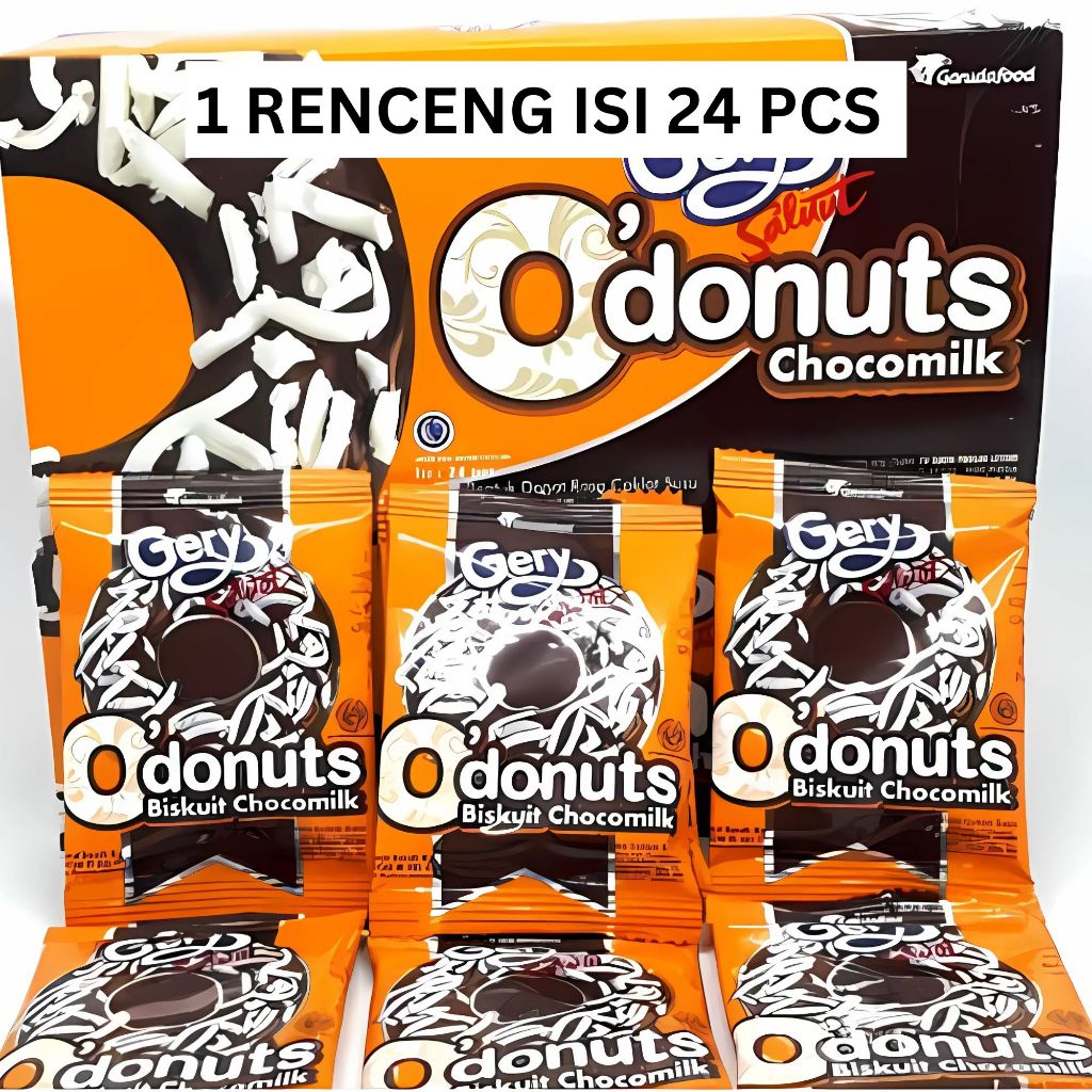 

(1 RENCENG ISI 24 PCS) Gery Snack O'Donuts Biscuit Chocomilk 8 Gram Snack Chocolate Susu Biscuit Bentuk Donat Garuda Foods