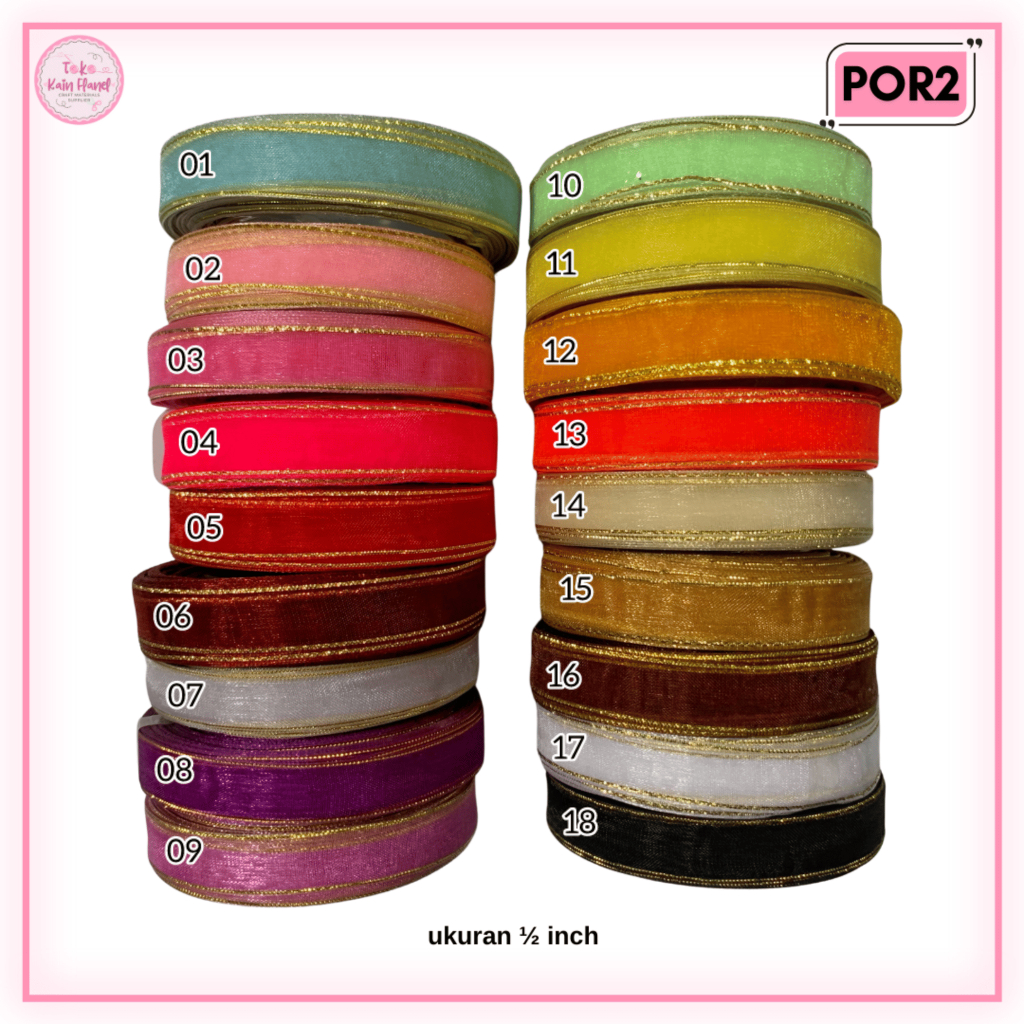 

Pita Organdi List Emas 1/2 Inch 0,5 inch (1,2cm) Per Roll 20 Yard POR2