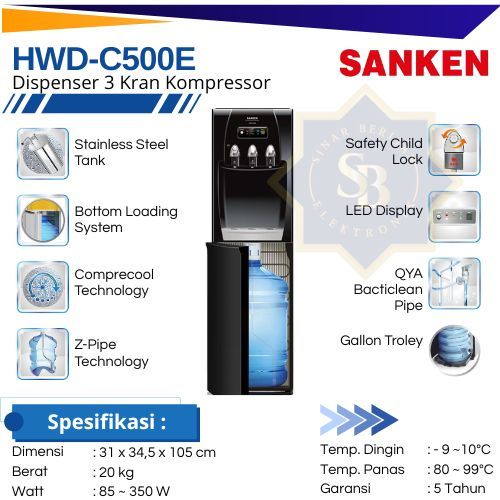 SANKEN  HWD-C500E Dispenser Galon Bawah Kompresor BLACK