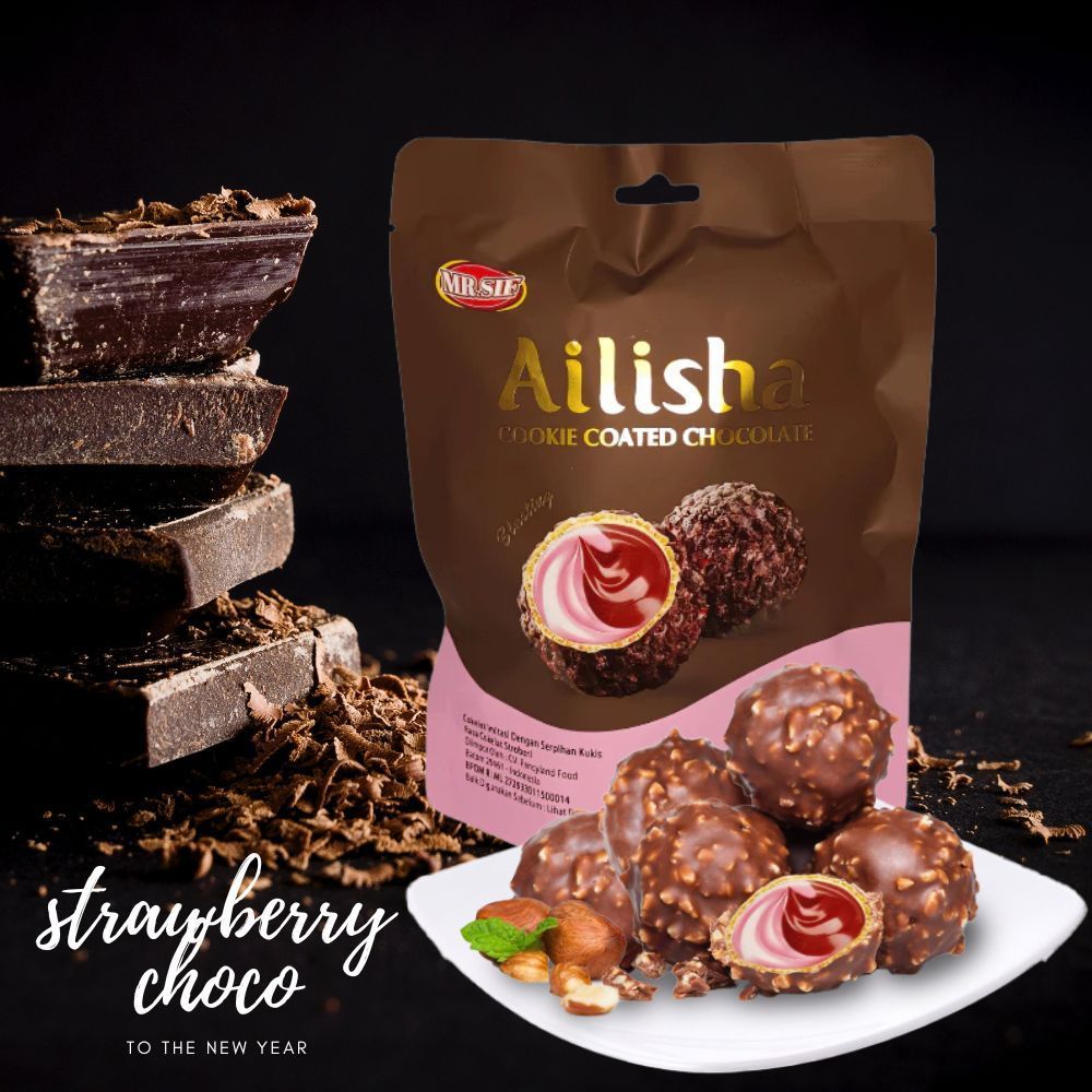 

MR. SIF Ailisha COOKIE COATED CHOCOLATE Blasting Cokelat imitasi dengan Serpihan Kukis Rasa Cokelat Stroberi 70gr