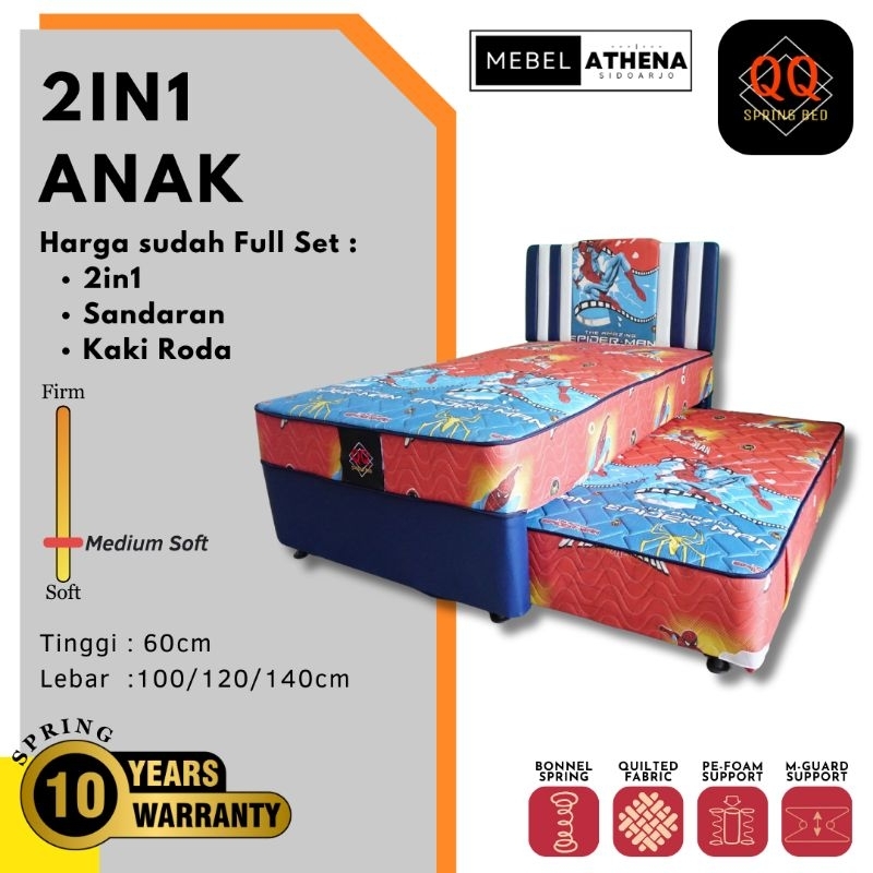 QQ Spring Bed Sorong 2in1 karakter anak & polos 120cm original bergaransi resmi
