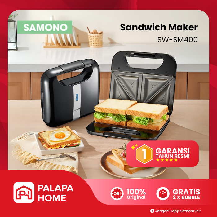 Samono Sandwich Maker Pemanggang Roti Bread Toaster Lipat 2 Slot Anti Lengket Low Watt SW-SM400