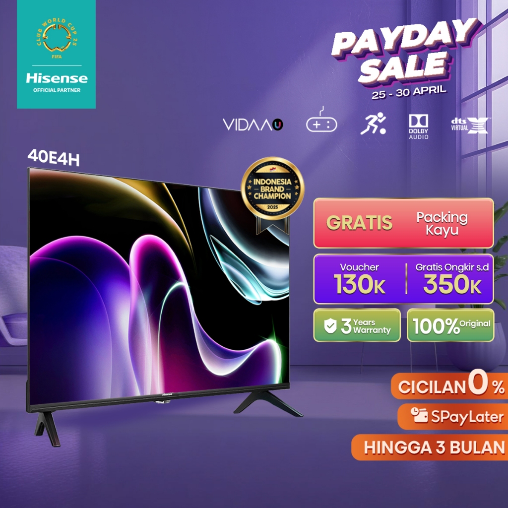 (PACKING KAYU) Hisense 40" FHD Vidaa Smart TV-Bezelless Design-Dolby Audio- Youtube/Netflix/Prime vi