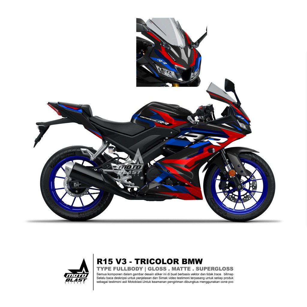 Decal stiker R15 V3 Tricolor bmw black motoblast