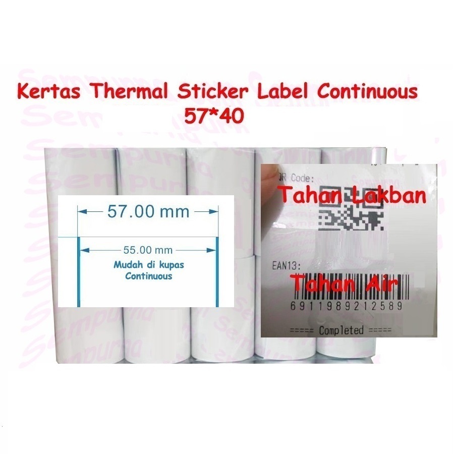 Kertas Thermal Label Sticker Continuous Resi 57 x 25 x 30 x 37 x 40 Coreless 8 MM