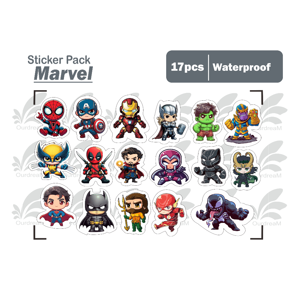 

stiker Marvel chibi - isi 17 pcs sticker pack tumbler helm waterproof medium size