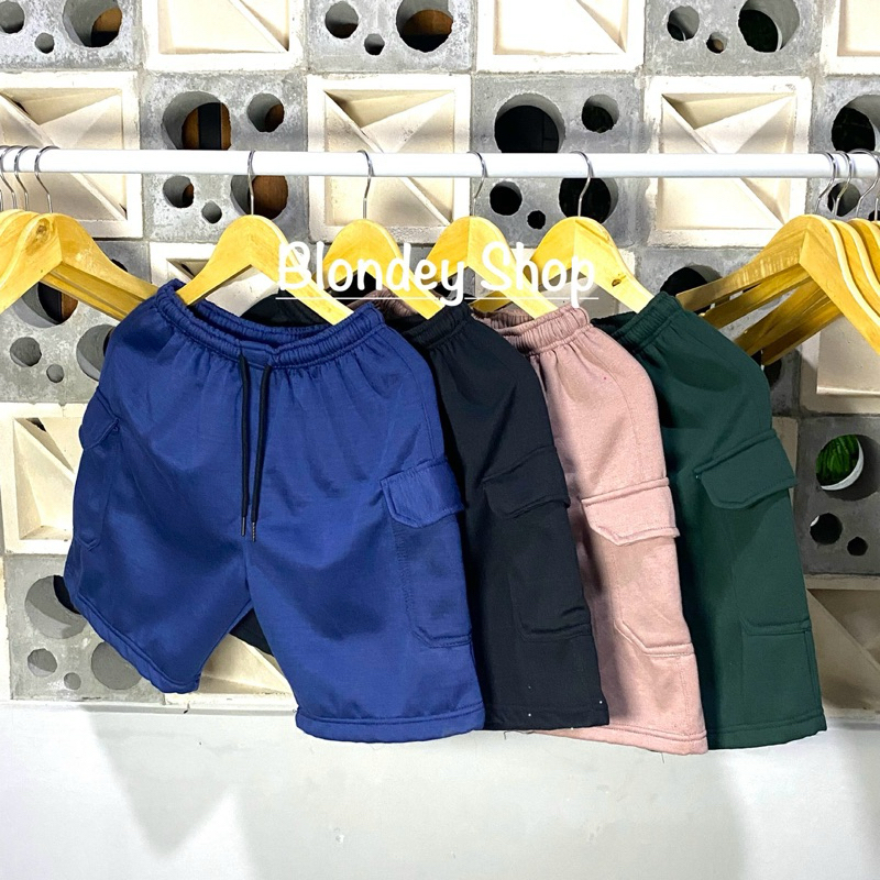 BLONDEY Boxer Celana Pendek Cargo Boardshort - Kolor Pria Wanita Fleece Dua Kantong