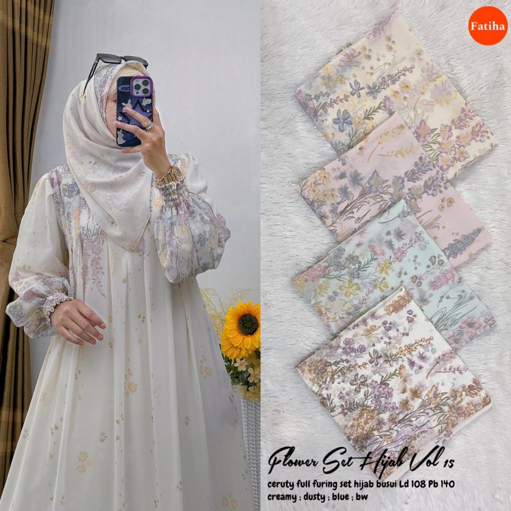 FLOWER SET HIJAB VOL #15 ORIGINAL FATIHA TERLARIS MAXI DRESS CERUTY FULL FURING MOTIF CANTIK FREE HI