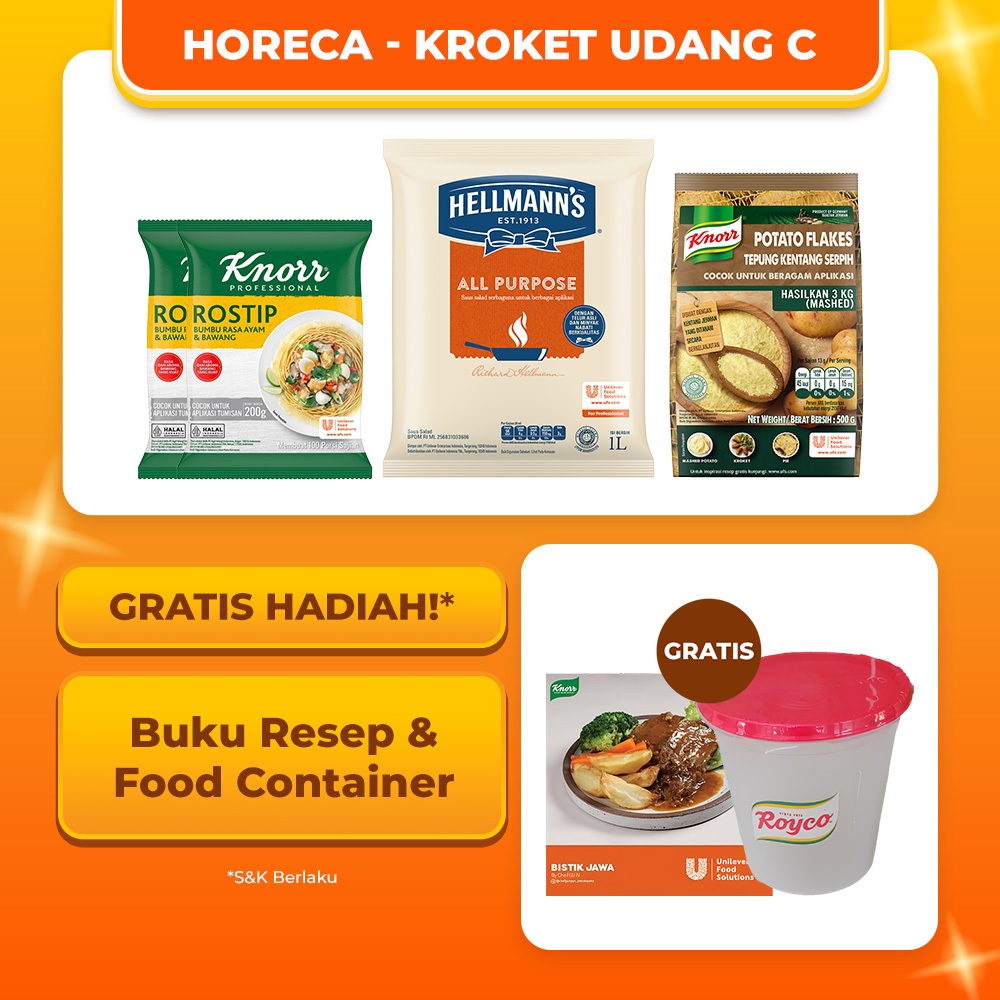 

[HORECA] Kroket Udang C (Knorr Potato Flakes Pouch 500g (X2) + Knorr Bumbu Penyedap Rostip Pouch 200G (X2) + Hellmann's All Purpose Mayo Pouch 1L - Buku Menu + Food Container)