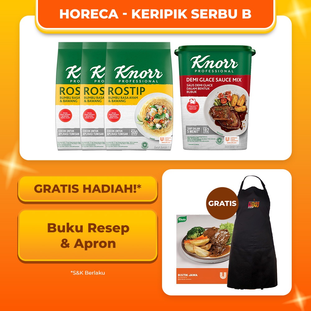 

[HORECA] Keripik Serbu B (Knorr Bumbu Penyedap Rostip Pouch 200G (X3) + Knorr Saus Demiglace Tub 1kg - Buku Menu + Apron)